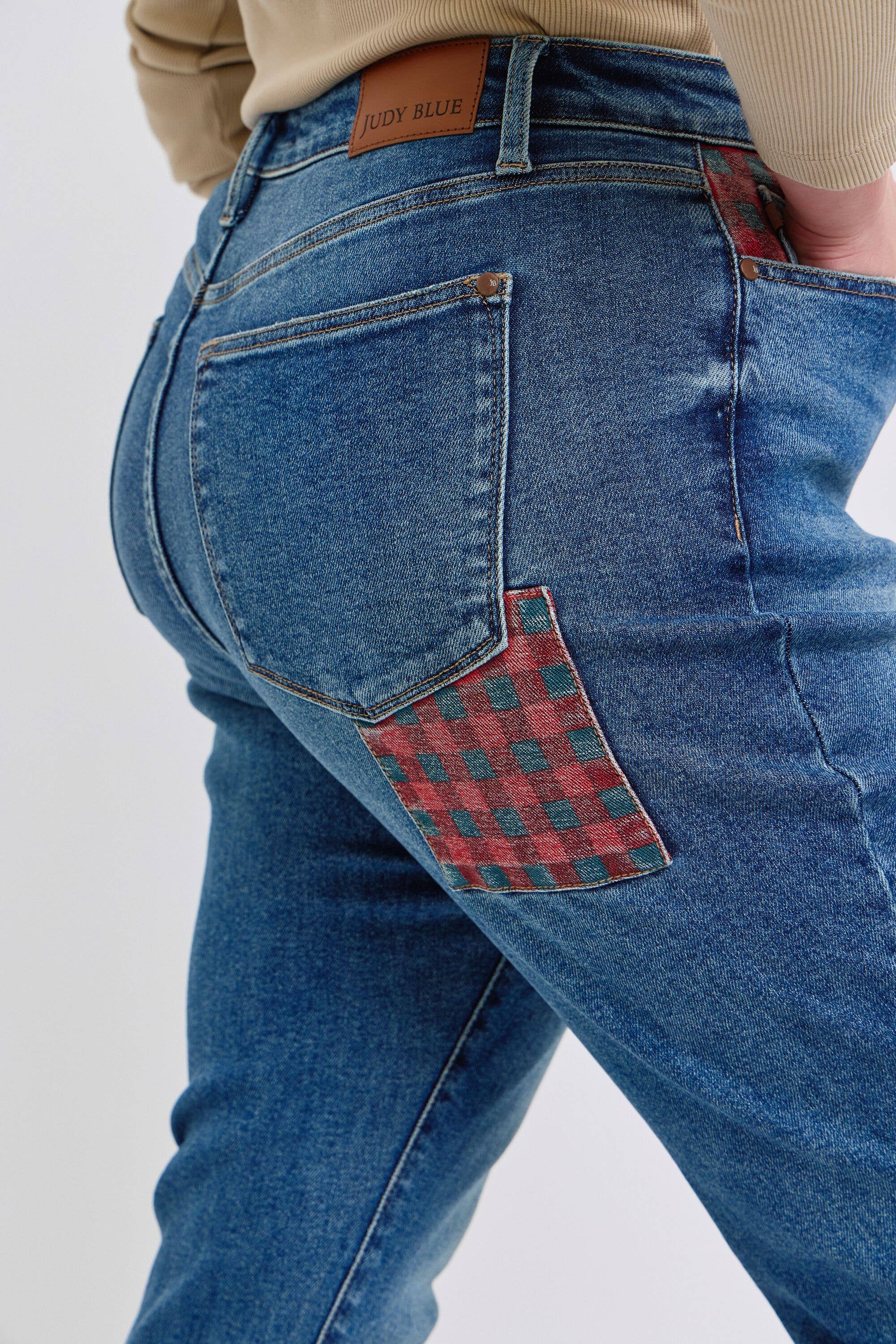 Judy Blue Plus Size High Waisted Plaid Patch Slim Jeans